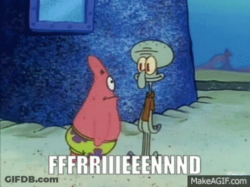 Patrick Star And Squidward From Spongebob Squarepants Are Standing Next To Each Other In The Sand GIF