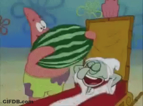 Patrick Star And Squidward From Spongebob Squarepants Holding A Watermelon GIF
