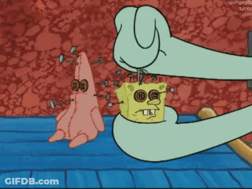 Patrick Star And Squidward Holding Stuffed Spongebob With Nails GIF