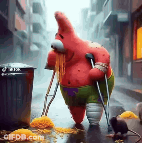 Patrick Star Eating Noodles With Crutches And Mouse GIF