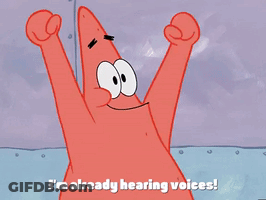 Patrick Star From Spongebob Has His Arms In The Air And Says " I 'M Already Hearing Voices " GIF