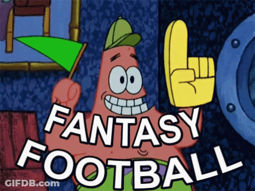 Patrick Star From Spongebob Is Holding A Green Flag And A Yellow Finger With The Words Fantasy Football Below Him GIF
