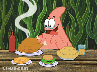 Patrick Star From Spongebob Is Sitting At A Table Eating Food GIF