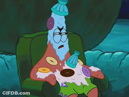 Patrick Star From Spongebob Is Sitting In A Chair With Donuts On His Shirt GIF