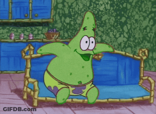 Patrick Star From Spongebob Is Sitting On A Blue Couch GIF