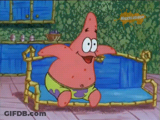 Patrick Star From Spongebob Is Sitting On A Blue Couch With His Mouth Open GIF