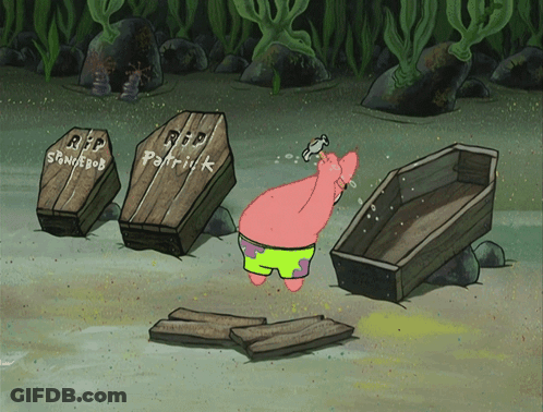 Patrick Star From Spongebob Is Standing In Front Of Three Coffins That Say Rip Patrick GIF