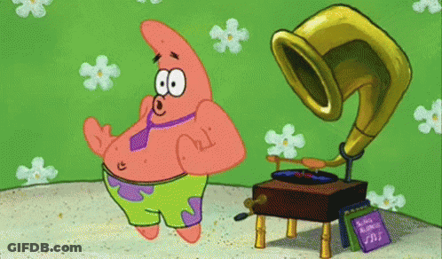 Patrick Star From Spongebob Is Standing Next To A Phonograph GIF