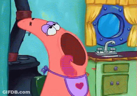 Patrick Star From Spongebob Is Wearing A Purple Apron With A Heart On It GIF