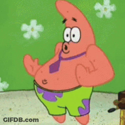 Patrick Star From Spongebob Is Wearing A Purple Tie And Green Shorts GIF