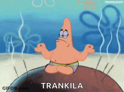 Patrick Star From Spongebob Sits On A Rock With Smoke Coming Out Of His Hands And The Word Trankila Written Below Him GIF