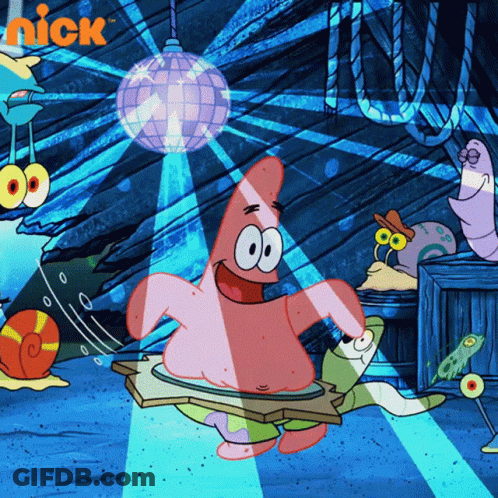 Patrick Star From Spongebob Squarepants Is Dancing In Front Of A Disco Ball Sponsored By Nick GIF