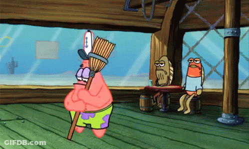 Patrick Star From Spongebob Squarepants Is Holding A Broom In A Room GIF