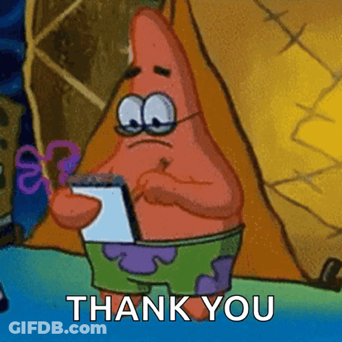 Patrick Star From Spongebob Squarepants Is Holding A Notepad And Saying " Thank You " GIF