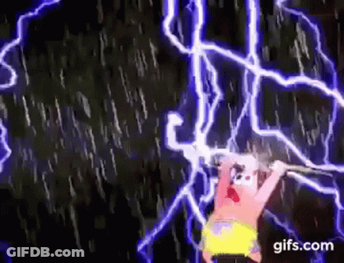 Patrick Star From Spongebob Squarepants Is Holding A Stick In Front Of A Lightning Storm . GIF