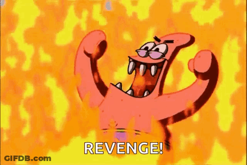 Patrick Star From Spongebob Squarepants Is Holding His Arms Up In The Air While Screaming Revenge . GIF