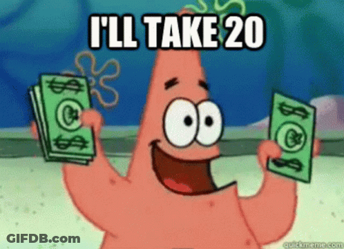 Patrick Star From Spongebob Squarepants Is Holding Two Stacks Of Money GIF