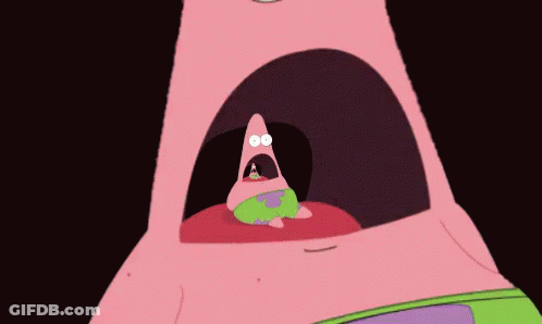 Patrick Star From Spongebob Squarepants Is Looking Out Of A Pink Hole With His Mouth Wide Open . GIF
