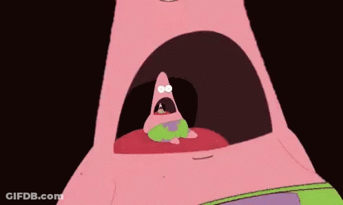 Patrick Star From Spongebob Squarepants Is Looking Out Of A Pink Mouth With His Mouth Open . GIF
