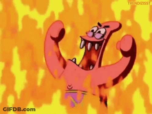 Patrick Star From Spongebob Squarepants Is Screaming And Flexing His Muscles In Front Of A Fire Background . GIF