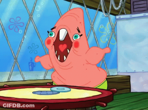 Patrick Star From Spongebob Squarepants Is Sitting At A Table With A Cd On It GIF