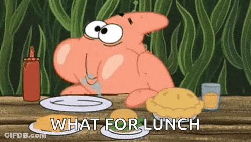 Patrick Star From Spongebob Squarepants Is Sitting At A Table With Plates Of Food And A Pie . GIF