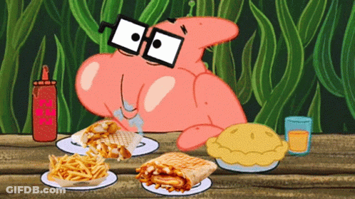 Patrick Star From Spongebob Squarepants Is Sitting At A Table With Plates Of Food GIF