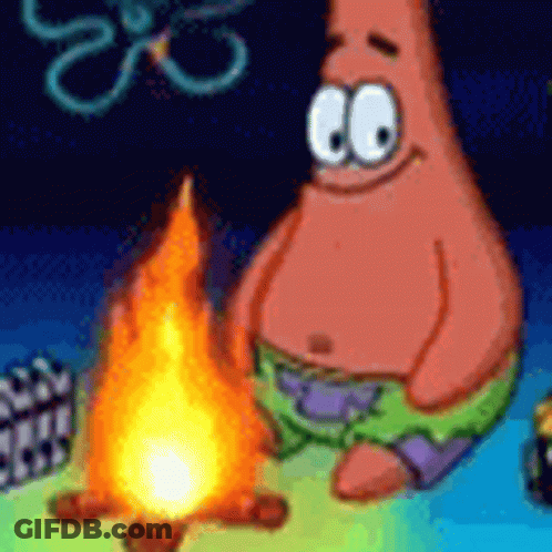 Patrick Star From Spongebob Squarepants Is Sitting Next To A Fire . GIF
