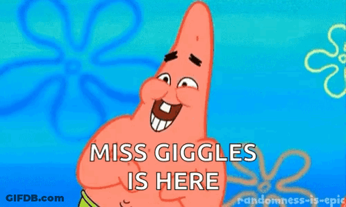 Patrick Star From Spongebob Squarepants Is Smiling And Saying `` Miss Giggles Is Here '' In Front Of A Flower . GIF