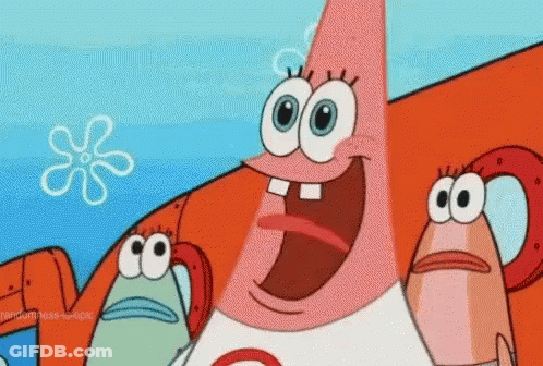 Patrick Star From Spongebob Squarepants Is Smiling While Standing Next To A Group Of Spongebob Characters . GIF