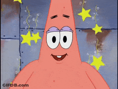 Patrick Star From Spongebob Squarepants Is Smiling With Purple Eyebrows GIF