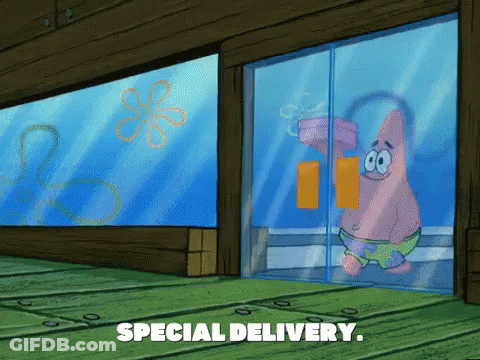 Patrick Star From Spongebob Squarepants Is Standing In Front Of A Glass Door And Saying Special Delivery GIF