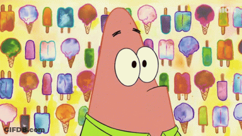 Patrick Star From Spongebob Squarepants Is Standing In Front Of A Wall Of Ice Cream GIF