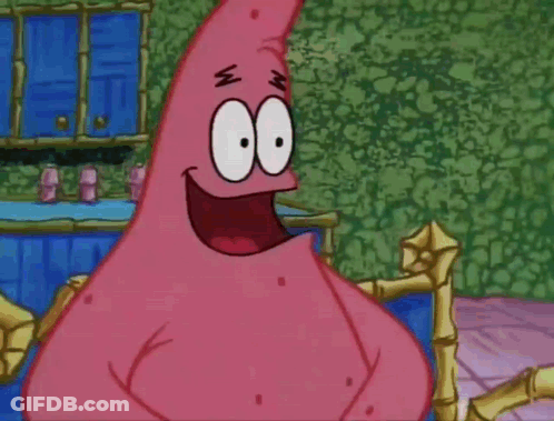 Patrick Star From Spongebob Squarepants Is Standing On A Blue Couch With His Mouth Open . GIF