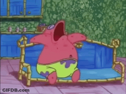 Patrick Star From Spongebob Squarepants Is Standing On A Blue Couch With His Mouth Open . GIF