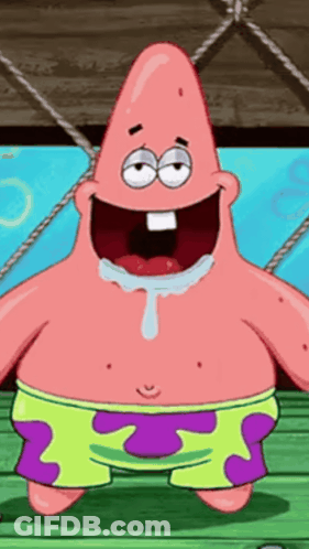 Patrick Star From Spongebob Squarepants Is Standing On A Wooden Deck With His Mouth Open GIF