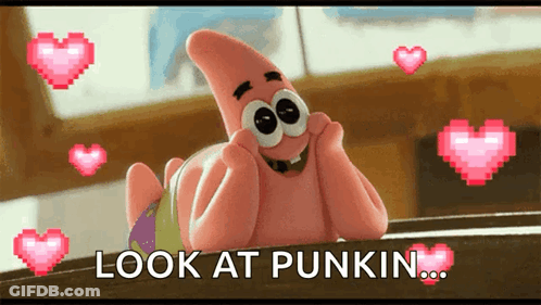 Patrick Star From Spongebob Squarepants Is Surrounded By Pink Hearts And Says Look At Punkin GIF