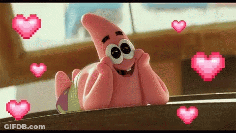 Patrick Star From Spongebob Squarepants Is Surrounded By Pink Hearts And Smiling . GIF