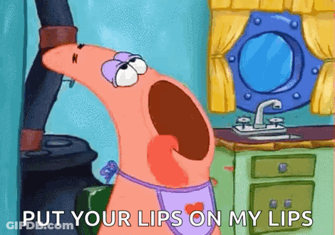 Patrick Star From Spongebob Squarepants Is Wearing A Pink Apron And Saying Put Your Lips On My Lips GIF