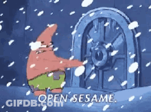 Patrick Star From Spongebob Squarepants Opens A Door In The Snow GIF