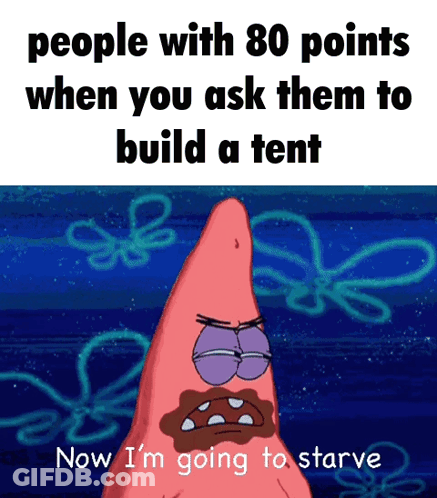 Patrick Star From Spongebob Squarepants Says " People With 80 Points When You Ask Them To Build A Tent GIF