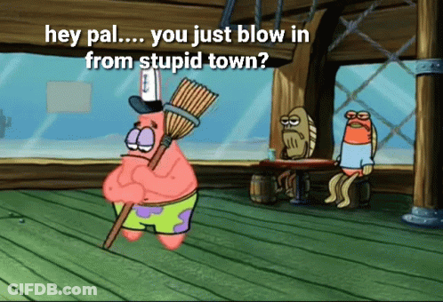 Patrick Star Holding Broom Saying Hey Pal You Just Blow In From Stupid Town GIF