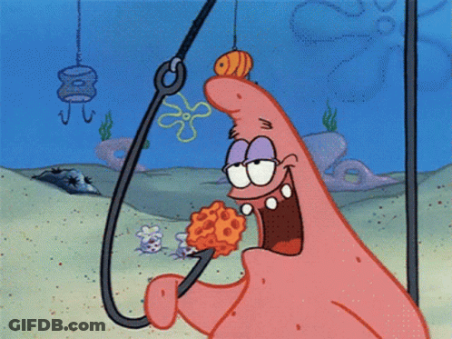 Patrick Star Holding Fishing Hook Eating Sponge GIF