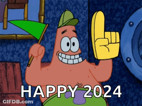 Patrick Star Holding Flag And Happy 2024 Sign GIF
