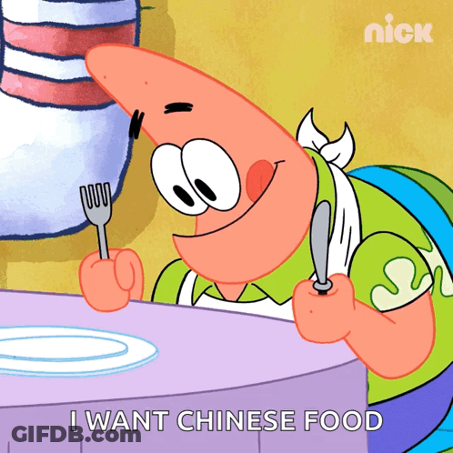 Patrick Star Holding Fork And Knife Saying I Want Chinese Food GIF