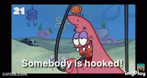 Patrick Star Holding Hook Saying Somebody Is Hooked GIF