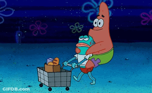 Patrick Star Is Pushing A Shopping Cart With A Spongebob Character In It . GIF