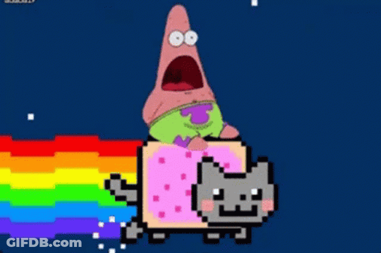 Patrick Star Riding A Rainbow Cat GIF
