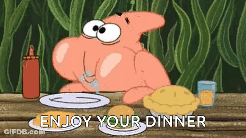 Patrick Star Sitting At Table With Food And Orange Juice GIF