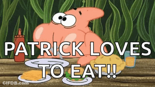 Patrick Star Sitting At Table With Food Saying Patrick Loves To Eat GIF